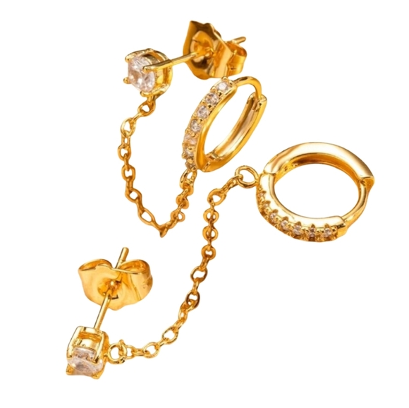 Rhinestone Gold Double Pierced Ears Chain CZ Hoop Earrings Connected Mini Hoops